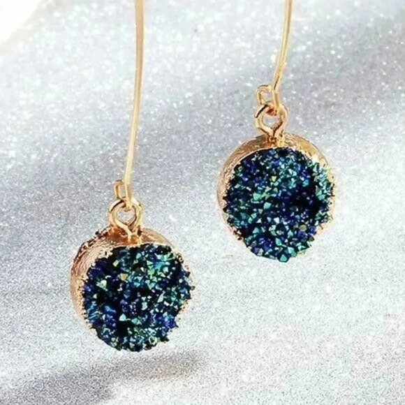 Handcrafted Resin Druzy Charm Long Gold Marquise Earrings Oil Slick - Picture 2 of 2